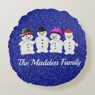 Family of Four Snowmen Blue Sparkle Winter Round Cushion