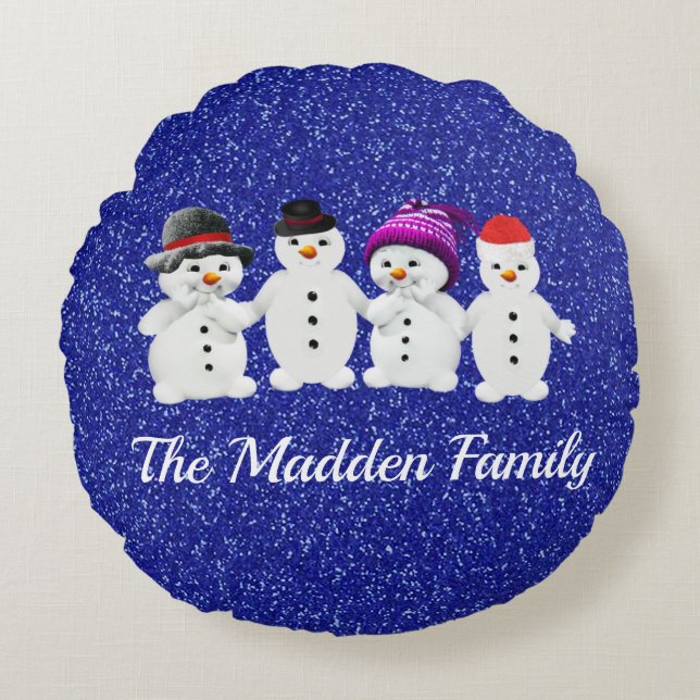 Family of Four Snowmen Blue Sparkle Winter Round Cushion (Front)
