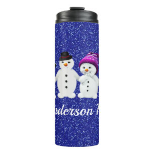 Family of Four Snowmen Blue Sparkle Winter   Table Thermal Tumbler
