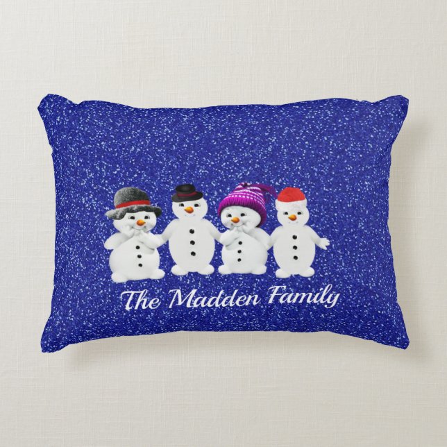 Family of Four Snowmen Sparkle Accent Pillow (Front)
