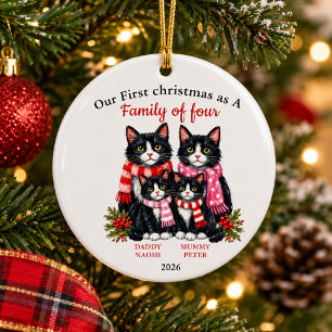 Family of four, tuxedo cat christmas personalised ceramic tree decoration