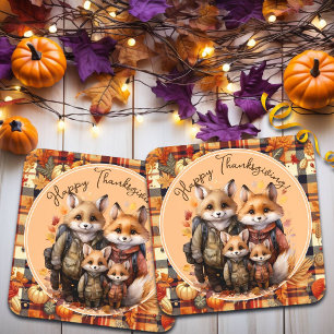 Family of Foxes Happy Thanksgiving Pumpkins Plaids Coaster