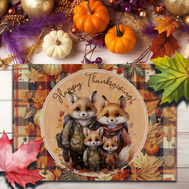 Family of Foxes Happy Thanksgiving Pumpkins Plaids Cutting Board (Creator Uploaded)