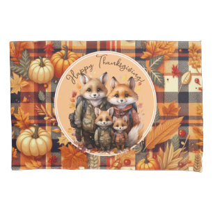 Family of Foxes Happy Thanksgiving Pumpkins Plaids Pillowcase