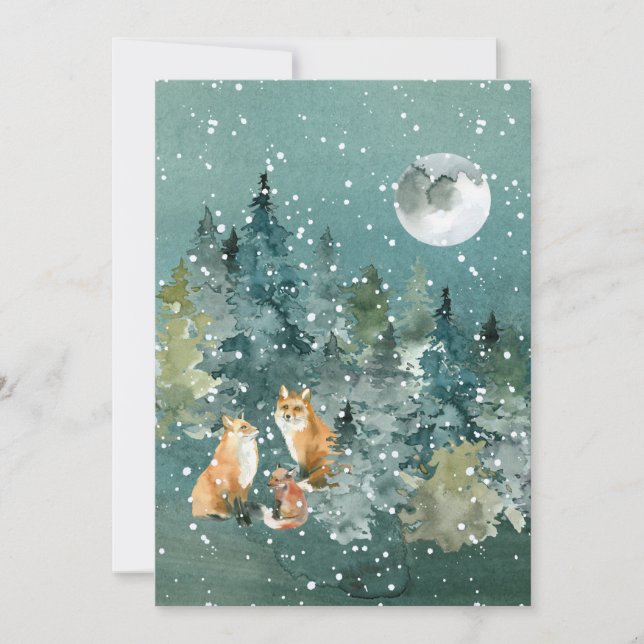 Family of Foxes in Forest Full Moon Snowfall Holiday Card (Front)