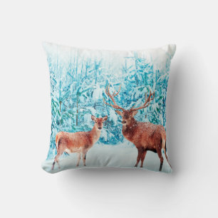 Family of noble deer in a snowy winter. Christmas Cushion