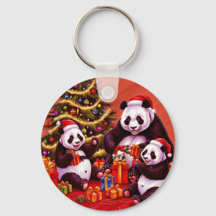 Family Of Pandas Opening Christmas Presents Key Ring