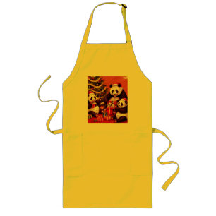 Family Of Pandas Opening Christmas Presents Long Apron