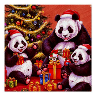 Family Of Pandas Opening Christmas Presents Poster