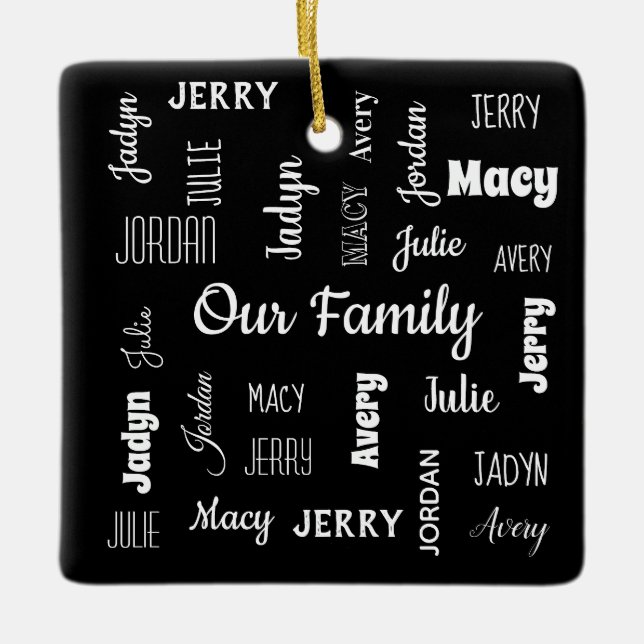 Family of Six In Cool Fonts Ceramic Ornament (Front)