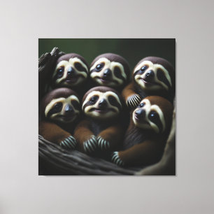 Family of Smiling Baby Sloths Huddled Together Canvas Print