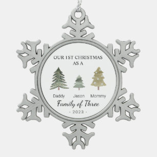 Family of Three Babys First Christmas Personalised Snowflake Pewter Christmas Ornament