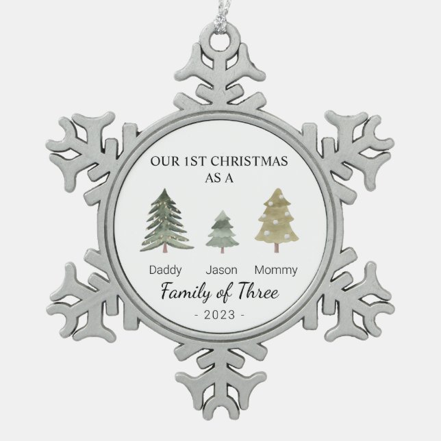 Family of Three Babys First Christmas Personalised Snowflake Pewter Christmas Ornament (Front)