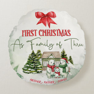 Family Of Three Christmas Polar Bears Round Cushion