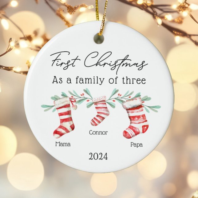 Family of Three Christmas Stockings Baby Photo Ceramic Tree Decoration (Creator Uploaded)