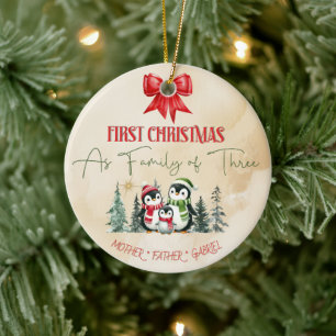 Family Of Three Cute Penguin Ceramic Tree Decoration