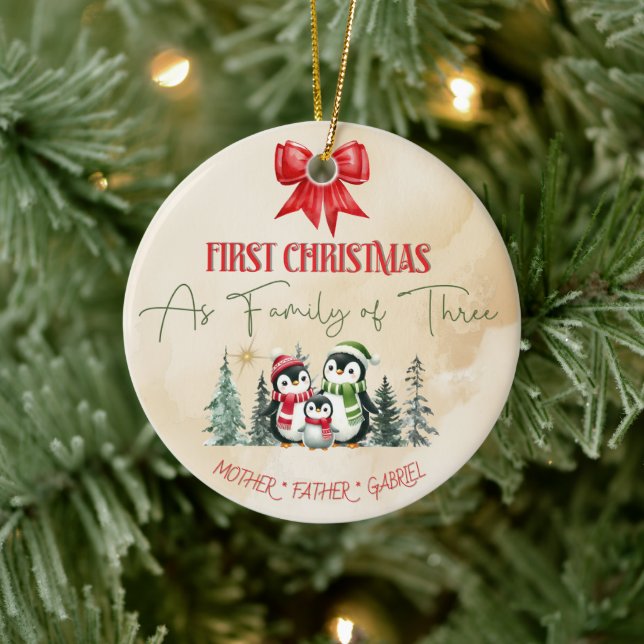 Family Of Three Cute Penguin Ceramic Tree Decoration (Tree)