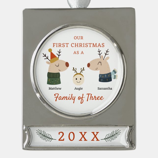 Family of Three First Christmas Silver Plated Banner Ornament (Front)