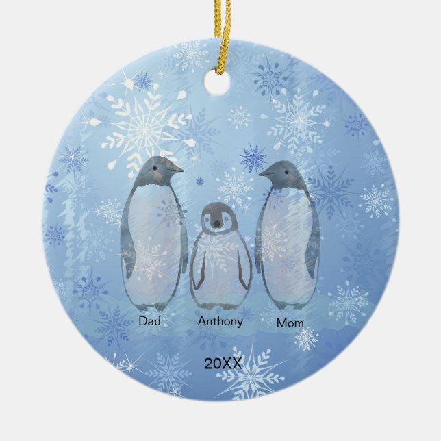 Family of Three Penguin Family Christmas Ceramic Tree Decoration (Front)