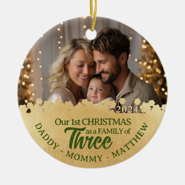 Family of Three Photo Ornament First Christmas  (Front)