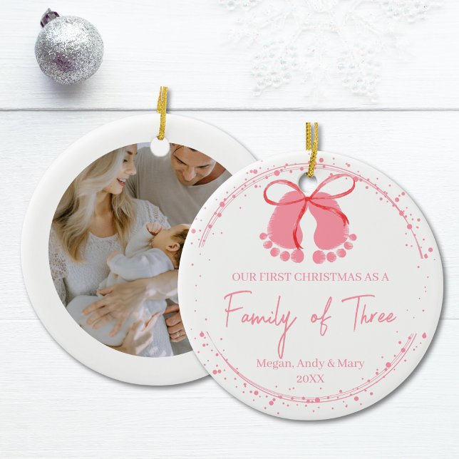 Family of Three Pink Footprints Ornament (Baby’s First Christmas Family of Three Ceramic Ornament)