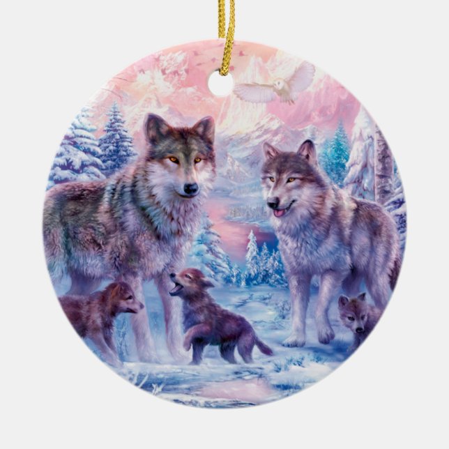 Family Of Wolves Painting Ceramic Tree Decoration (Front)