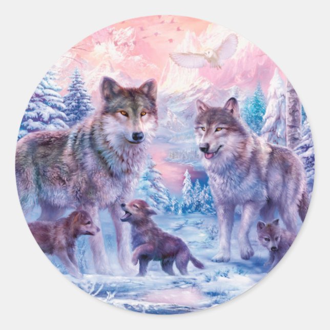 Family Of Wolves Painting Classic Round Sticker (Front)