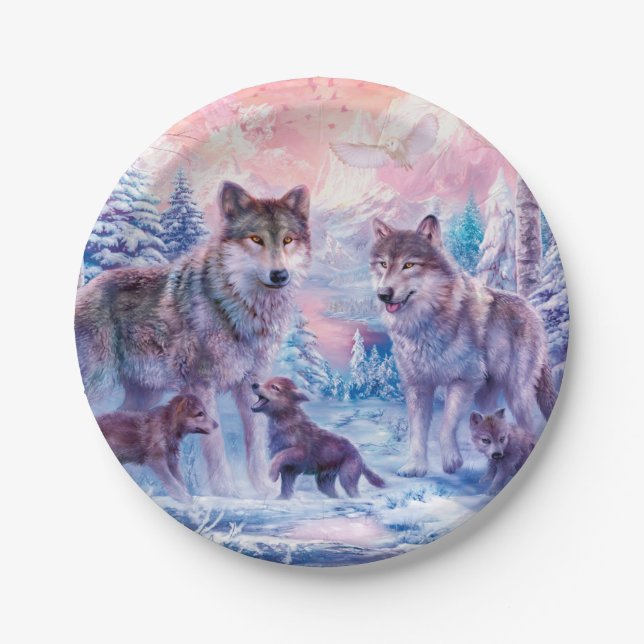 Family Of Wolves Painting Paper Plate (Front)