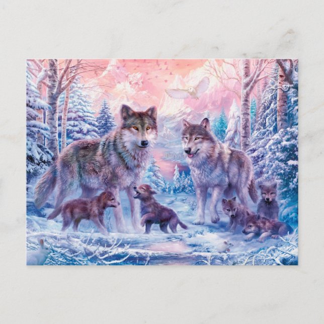 Family Of Wolves Painting Postcard (Front)