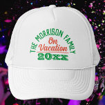 Family on Vacation Trucker Hat<br><div class="desc">Family Vacation hat. Hat for a Family going on Vacation. Hat with Family Vacation and year of the Vacation. Red and green design.</div>