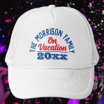 Family on Vacation Trucker Hat<br><div class="desc">Family Vacation hat. Hat for a Family going on Vacation. Hat with Family Vacation and year of the Vacation. Red and blue design.</div>
