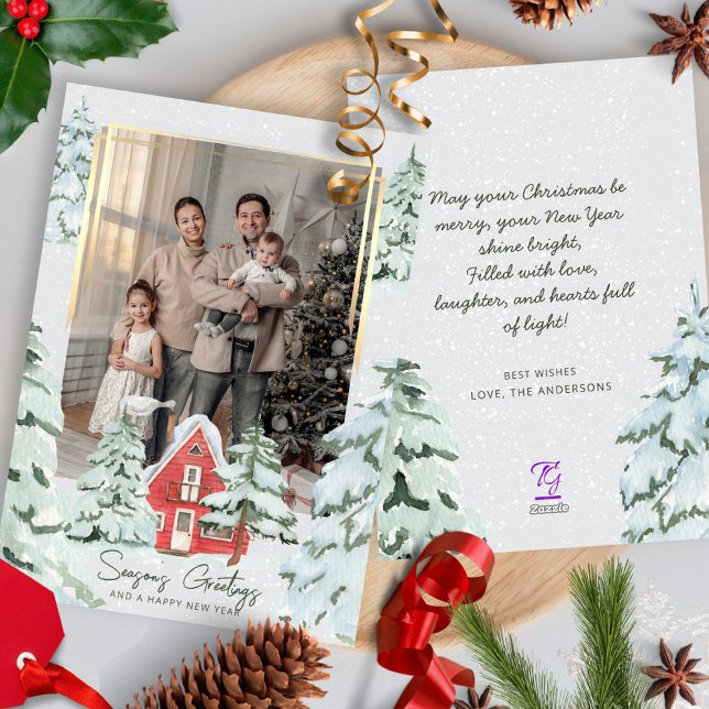 Family One Photo Nordic Snow Pine Trees Christmas Holiday Card (Creator Uploaded)