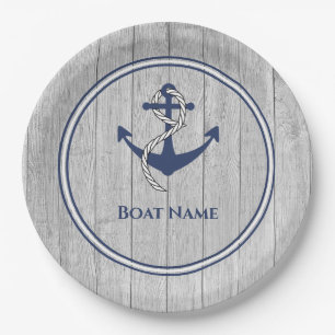 Family or Boat Name Navy Anchor Rope Nautical Napk Paper Plate
