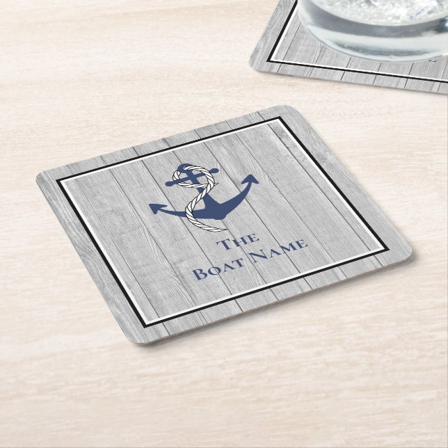 Family or Boat Name Navy Anchor Rope Nautical Square Paper Coaster (Angled)