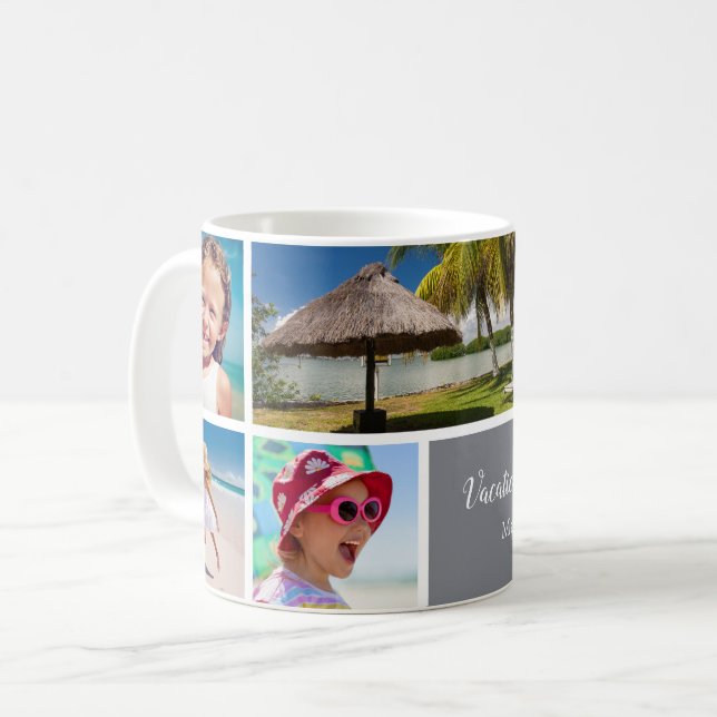 Family or Couple Vacation 5 Photo Keepsake, Grey Coffee Mug (Front Left)