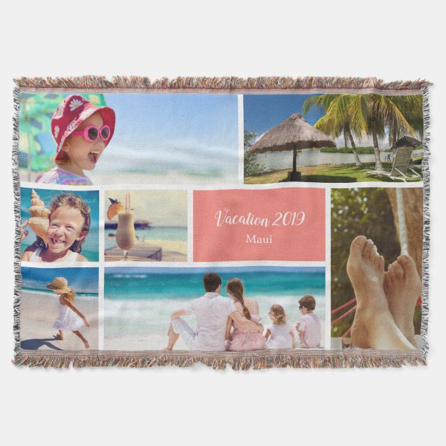 Family or Couple Vacation 7 Photo Keepsake, Coral Throw Blanket (Front)