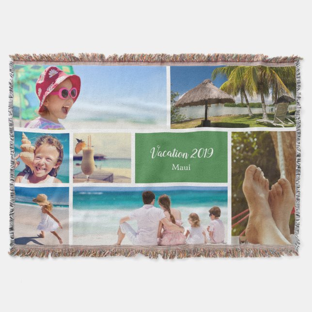 Family or Couple Vacation 7 Photo Keepsake, Green Throw Blanket (Front)