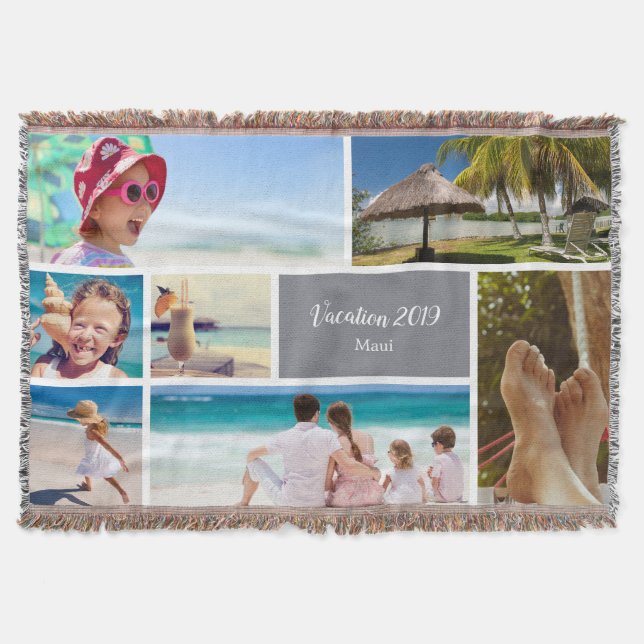 Family or Couple Vacation 7 Photo Keepsake, Grey Throw Blanket (Front)