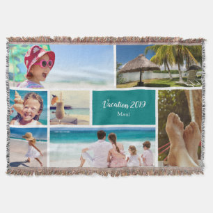 Family or Couple Vacation 7 Photo Keepsake, Teal Throw Blanket