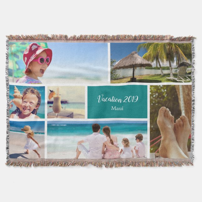 Family or Couple Vacation 7 Photo Keepsake, Teal Throw Blanket (Front)
