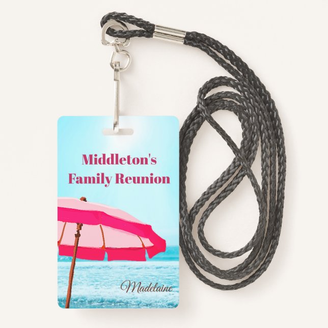 Family or Group Reunion Beach Ocean  Pink Umbrella ID Badge (Front with Lanyard)