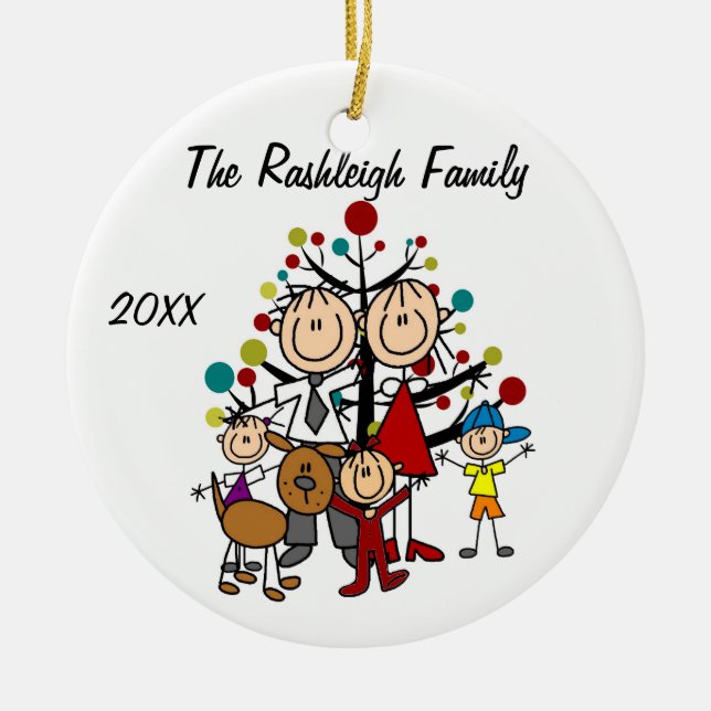 Family Parents, Two Girls, Boy, Dog Ornament (Front)