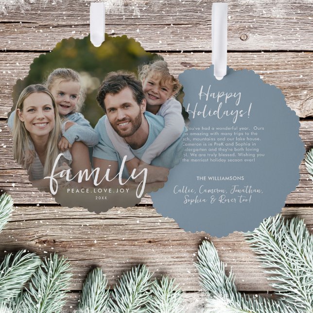 Family Peace Love Joy Custom Christmas Photo Text  Tree Decoration Card (Creator Uploaded)