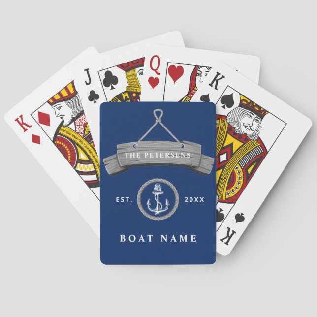 Family personalised boat name nautical navy blue playing cards (Back)