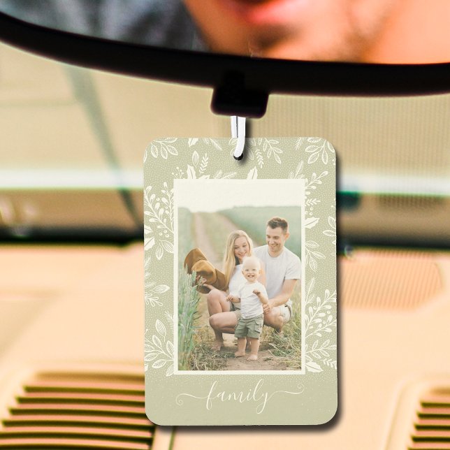 FAMILY Personalised Photo Car Car Air Freshener (Your photo and the word FAMILY an a sage green car air freshener with a white botanical border)