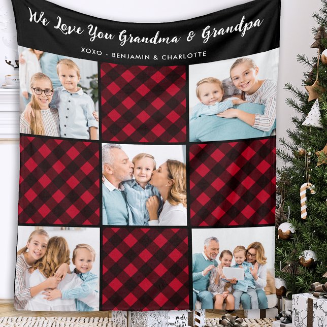 Family Personalised Red Plaid 5 Photo Collage Fleece Blanket (Creator Uploaded)