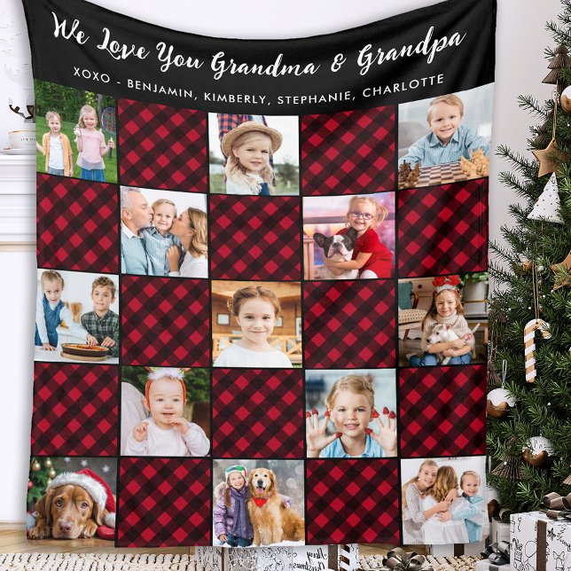 Family Personalised Red Plaid Quilt 13 Picture Fleece Blanket (Creator Uploaded)