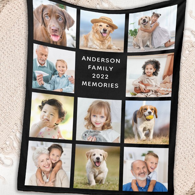 Family Personalized 11 Photo Collage Modern Black Fleece Blanket (Creator Uploaded)