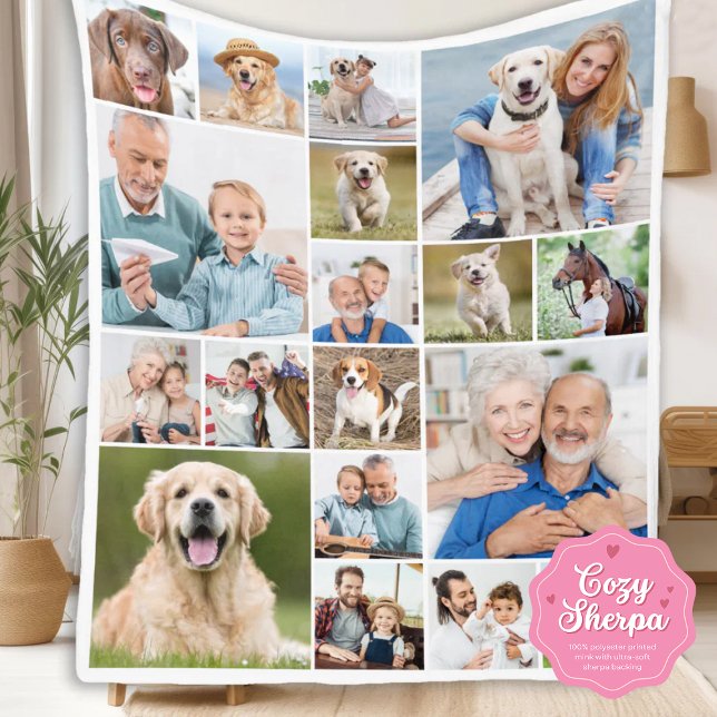 Family Personalized Modern Simple 18 Photo Collage Sherpa Blanket (Creator Uploaded)