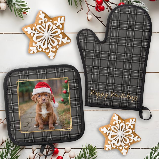 Family Pet Dog Photo Personalised Grey Plaid Oven Mitt & Pot Holder Set (Creator Uploaded)